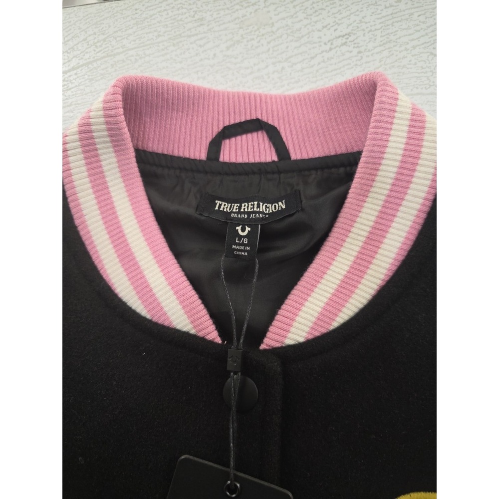 TRUE RELIGION Trendy Varsity Jacket Black, Pink & White LOGO Large - Picture 5 of 10